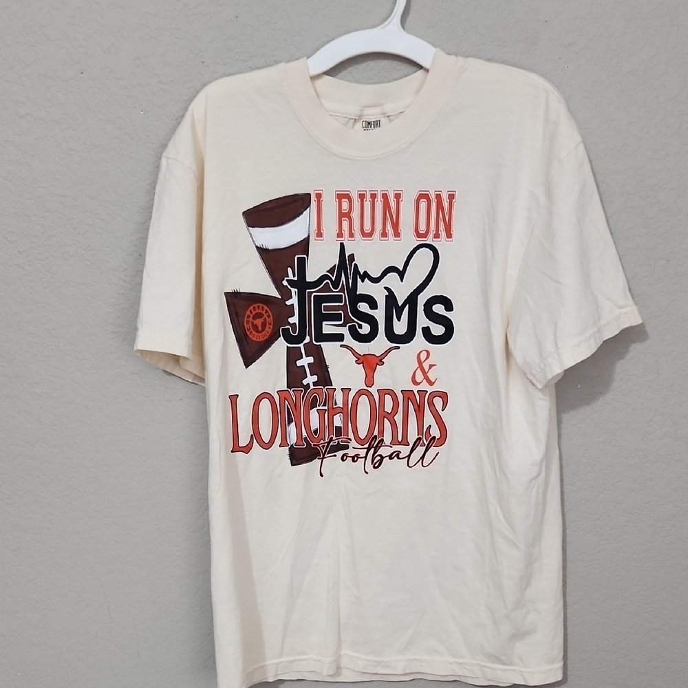 Comfort Colors Graphic T-Shirt Medium Cream Run On Jesus & Longhorns